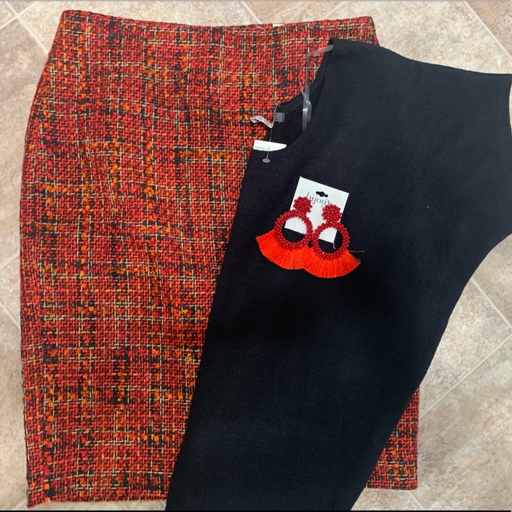 New w/Tags Outfit Karl Langerfeld Tweed Skirt (4), Black Sweater, FringeEarrings